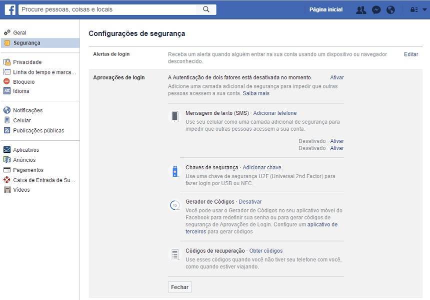 Configurações Facebook